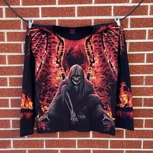Vintage y2k spiral flames and skeleton aop all over print long sleeve shirt